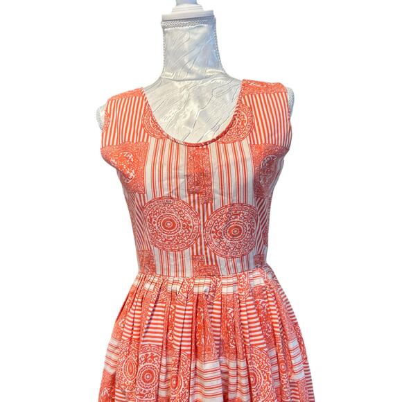 Vintage 1950s Sundress Sz Small Bernie Sobel Orange White Geometric Pleated - Picture 5 of 16